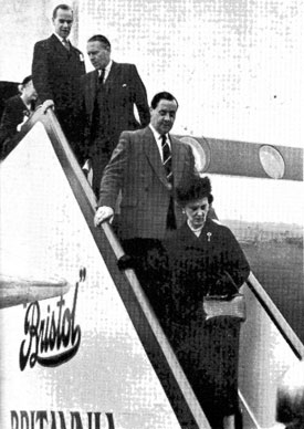 The Duchess of Kent, who opened the airport, descending the steps from the Britannia.