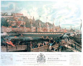 Print depicting the launch of ss Great Britain at Bristol, 1843 (ss Great Britain Trust).