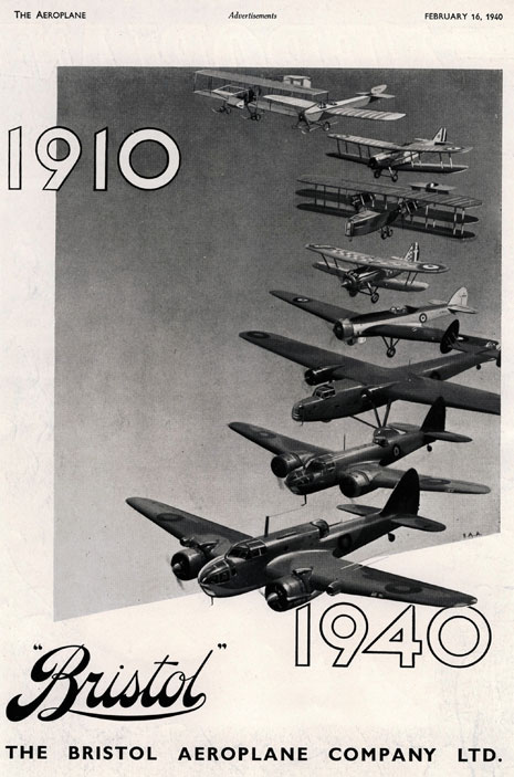 This advertisement was made to celebrate Bristol Aeroplane Company's 30th birthday in 1940.