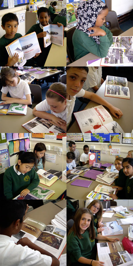 The pupils in Year 5 were photographed looking at their favourite pages in The 2010 Book of Aviation Wonder.