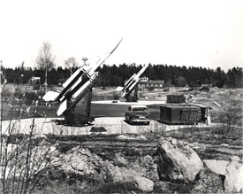 Bristol/Ferranti Bloodhound I surface to air guided weapons on their launchers at a Royal Swedish Air Force Station (Rolls-Royce Heritage Trust).Bristol/Ferranti Bloodhound I surface to air guided weapons on their launchers at a Royal Swedish Air Force Station (Rolls-Royce Heritage Trust).