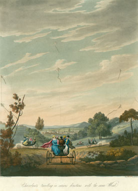 'Charvolants travelling in various directions with the same wind' from George Pocock's The Aeropleustic Art, or Navigation in the Air by the use of Kites or Buoyant Sails, 1827 (Special Collections, Bristol Central Library).